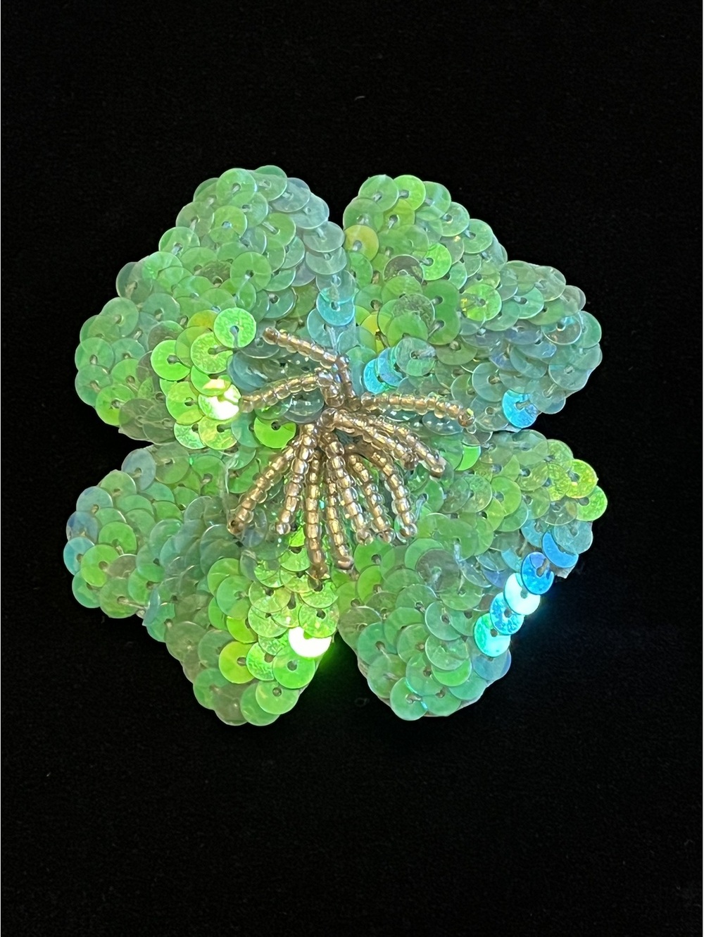 Vintage Green Sequin Clover Brooch with Beaded Center